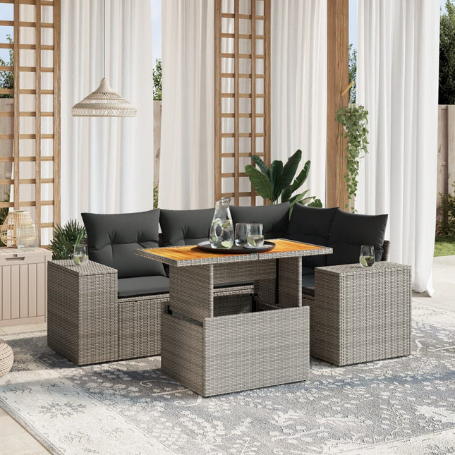 5-delige Loungeset met kussens poly rattan grijs