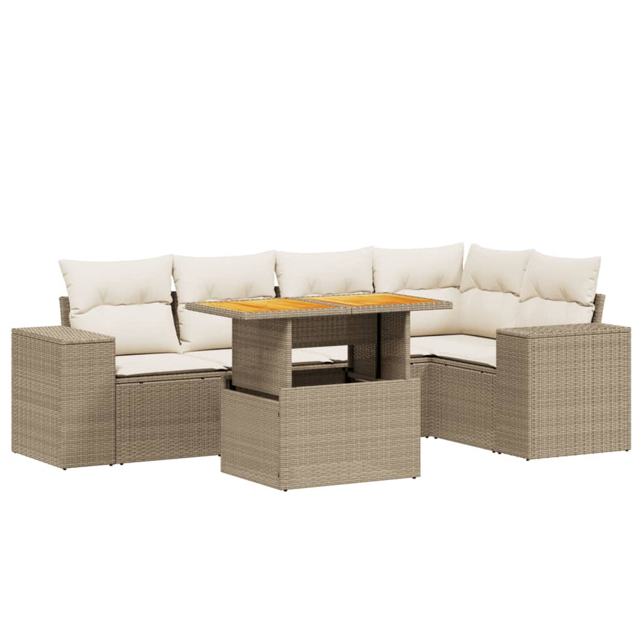 6-delige Loungeset met kussens poly rattan beige
