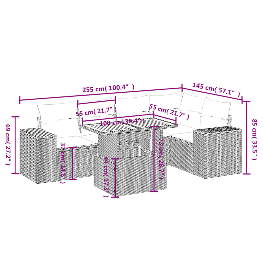 6-delige Loungeset met kussens poly rattan beige