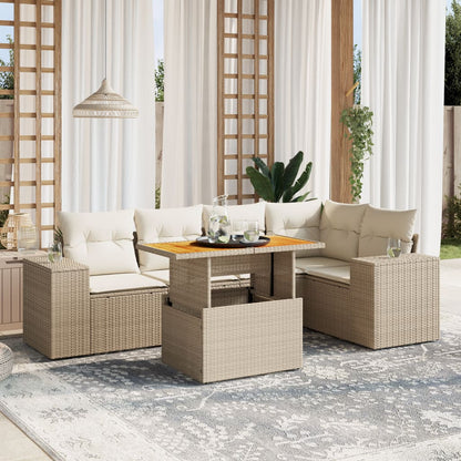 6-delige Loungeset met kussens poly rattan beige