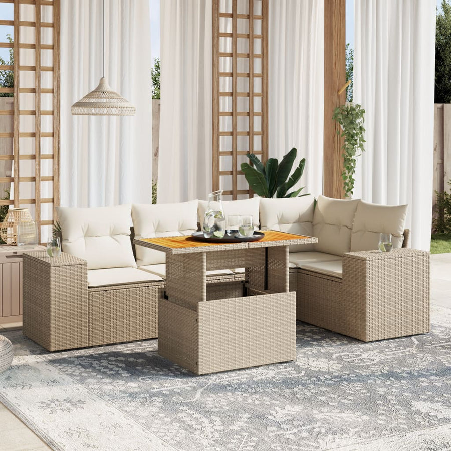 6-delige Loungeset met kussens poly rattan beige