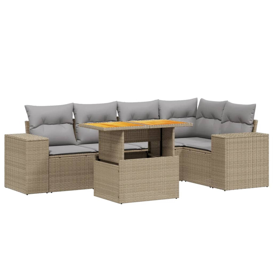 6-delige Loungeset met kussens poly rattan beige
