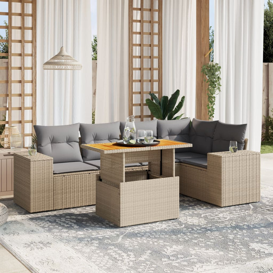 6-delige Loungeset met kussens poly rattan beige