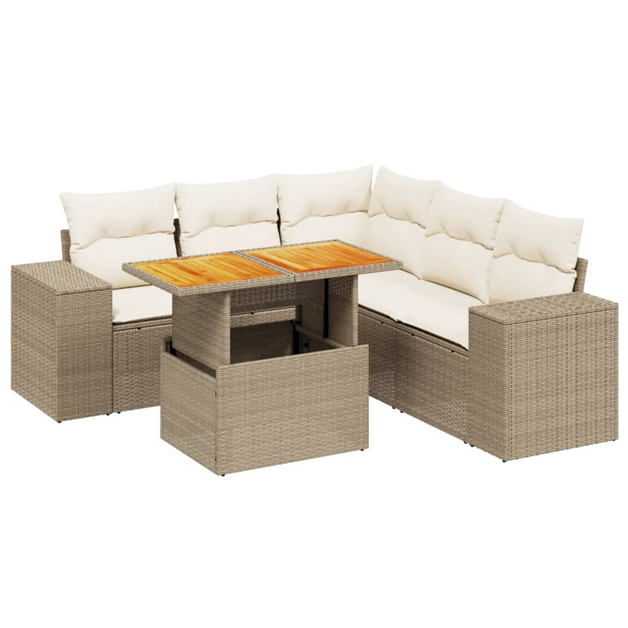 6-delige Loungeset met kussens poly rattan beige