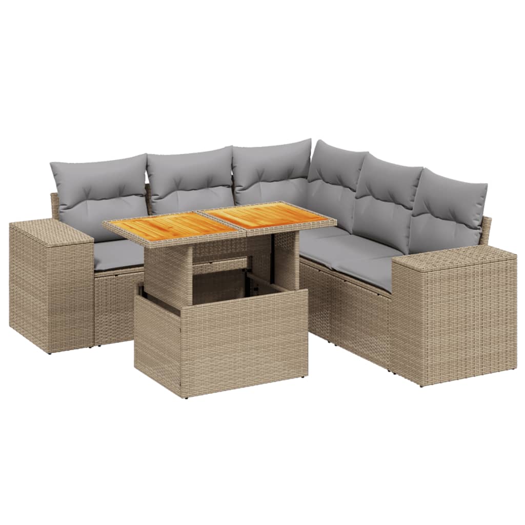 6-delige Loungeset met kussens poly rattan beige