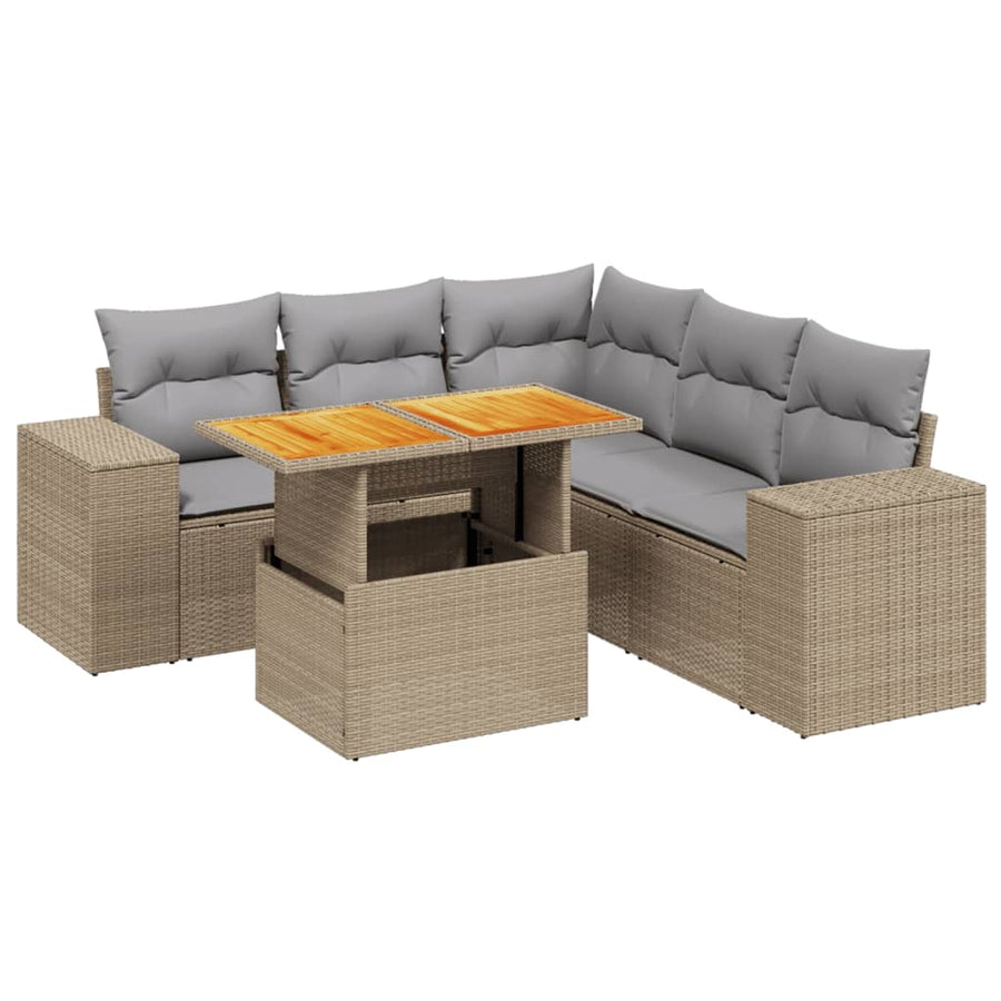 6-delige Loungeset met kussens poly rattan beige