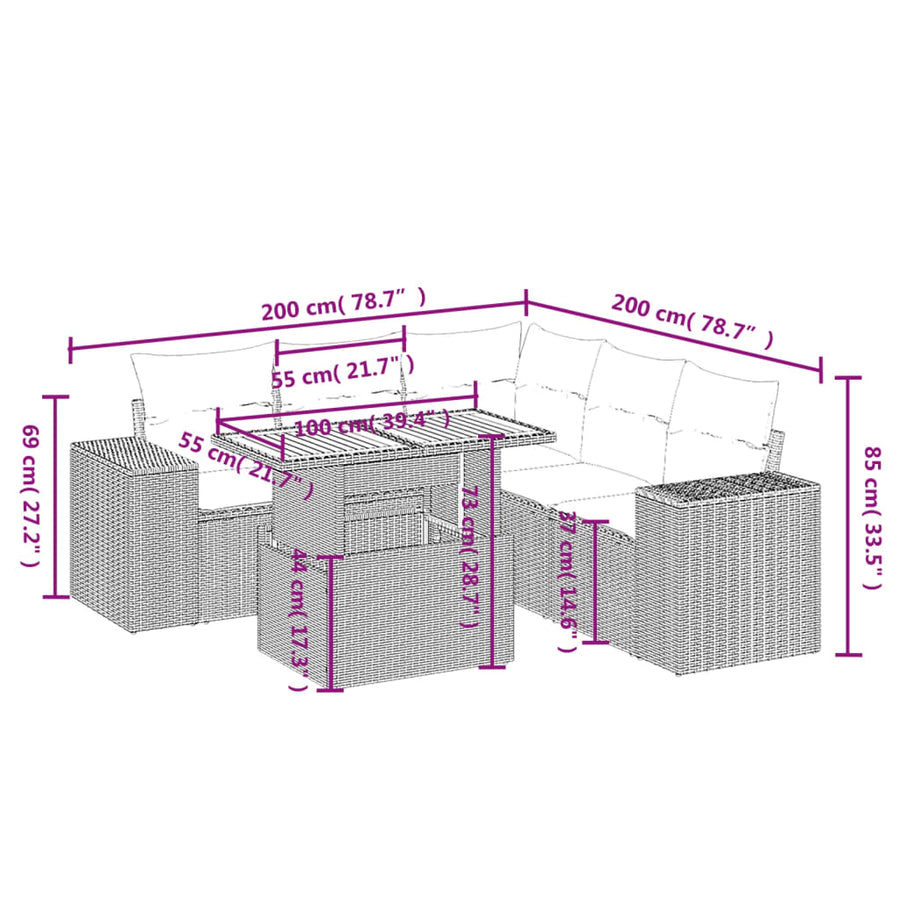 6-delige Loungeset met kussens poly rattan beige