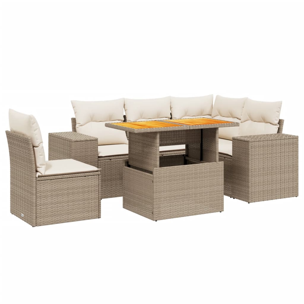 6-delige Loungeset met kussens poly rattan beige