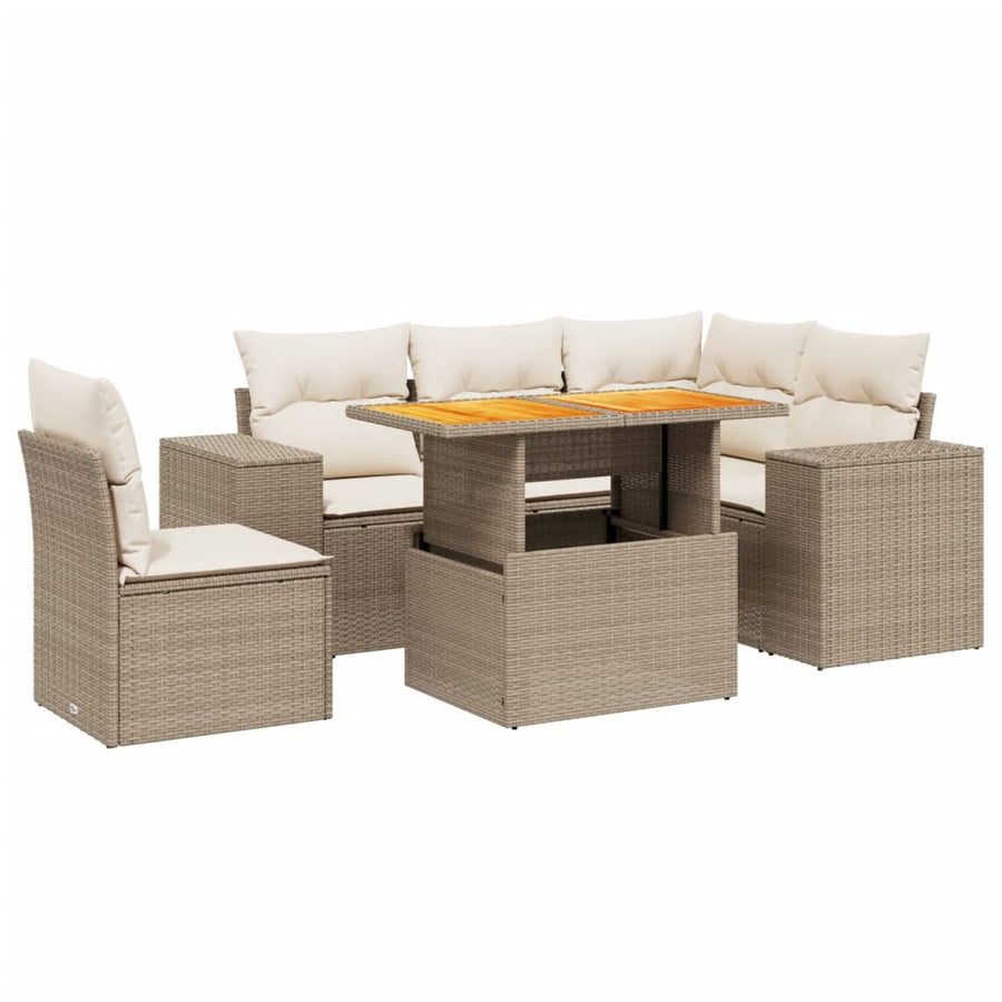 6-delige Loungeset met kussens poly rattan beige