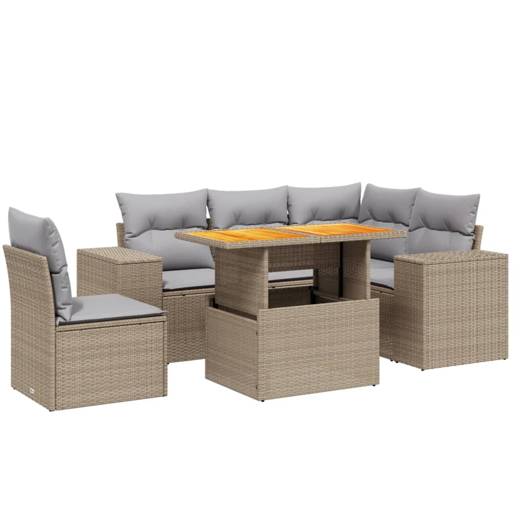 6-delige Loungeset met kussens poly rattan beige