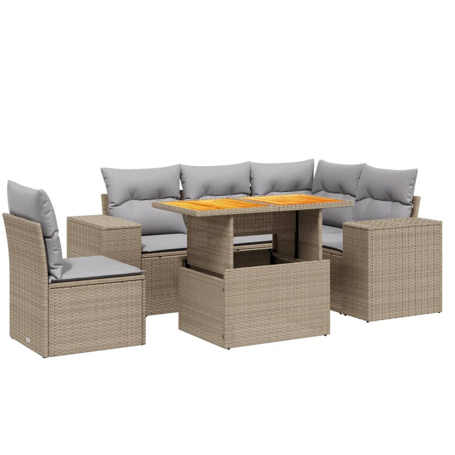 6-delige Loungeset met kussens poly rattan beige