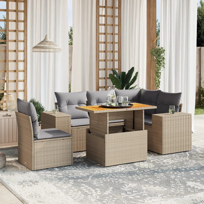 6-delige Loungeset met kussens poly rattan beige