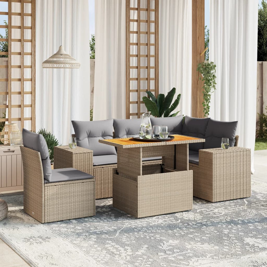6-delige Loungeset met kussens poly rattan beige