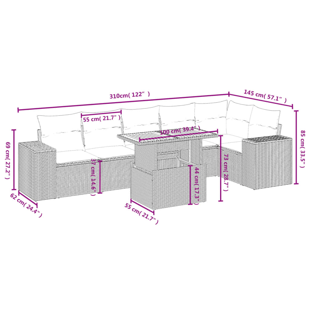 7-Delige Loungeset Met Kussens Poly Rattan Zwart