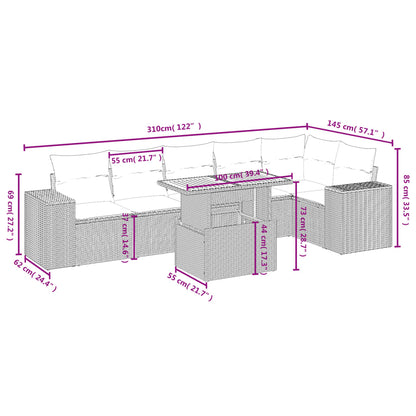 7-delige Loungeset met kussens poly rattan beige