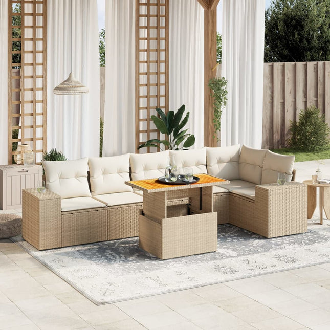 7-delige Loungeset met kussens poly rattan beige