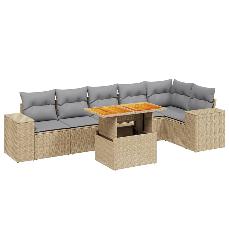 7-delige Loungeset met kussens poly rattan beige