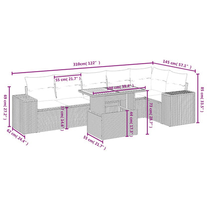7-delige Loungeset met kussens poly rattan beige