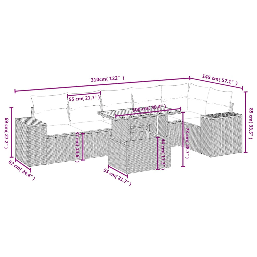7-delige Loungeset met kussens poly rattan beige