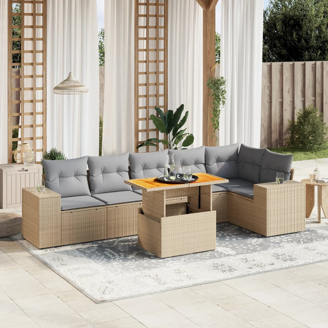 7-delige Loungeset met kussens poly rattan beige