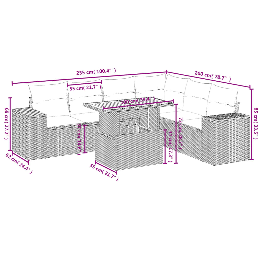 7-delige Loungeset met kussens poly rattan beige