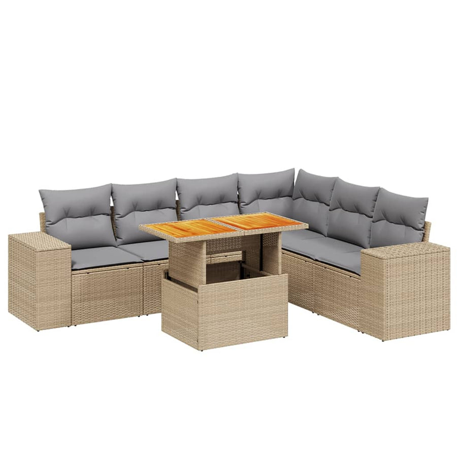 7-delige Loungeset met kussens poly rattan beige