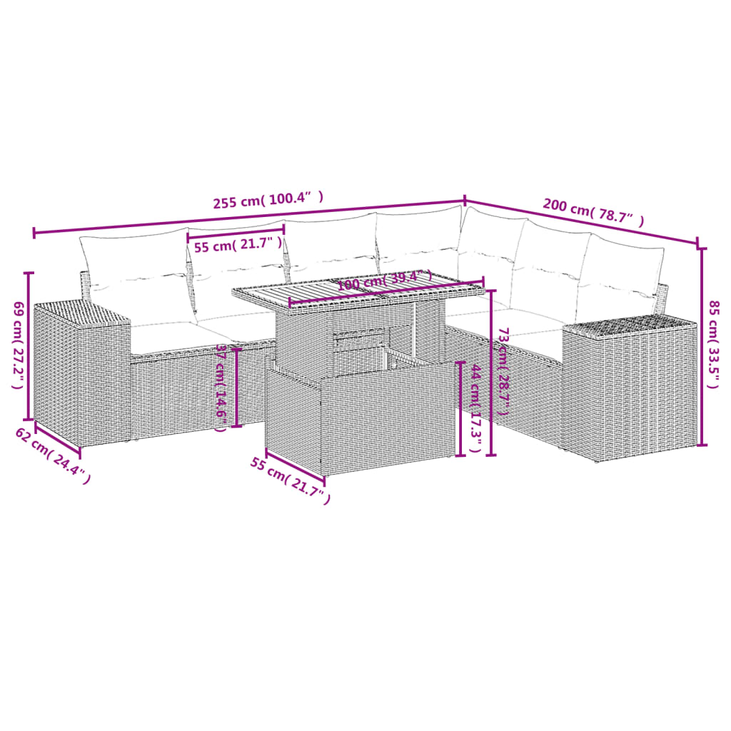 7-delige Loungeset met kussens poly rattan beige
