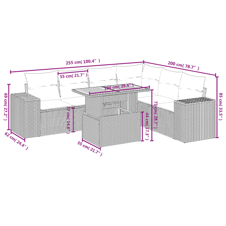 7-delige Loungeset met kussens poly rattan beige