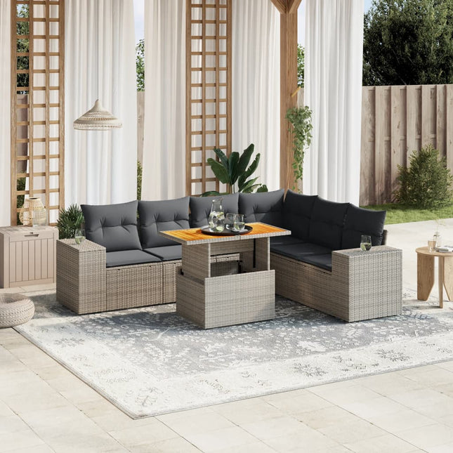 7-delige Loungeset met kussens poly rattan grijs