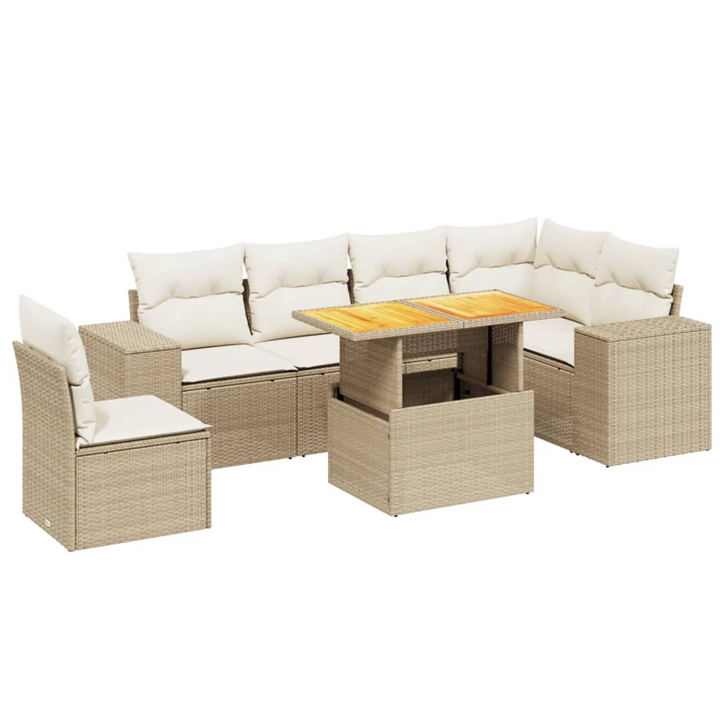 7-delige Loungeset met kussens poly rattan beige