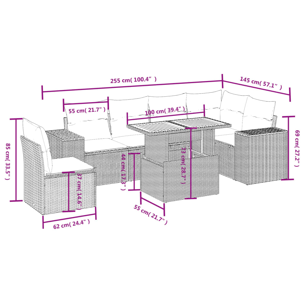 7-delige Loungeset met kussens poly rattan beige