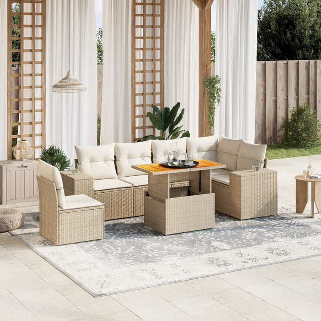 7-delige Loungeset met kussens poly rattan beige