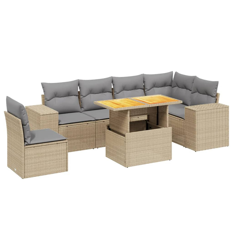 7-delige Loungeset met kussens poly rattan beige