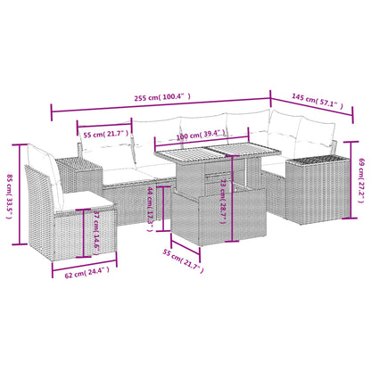 7-delige Loungeset met kussens poly rattan beige