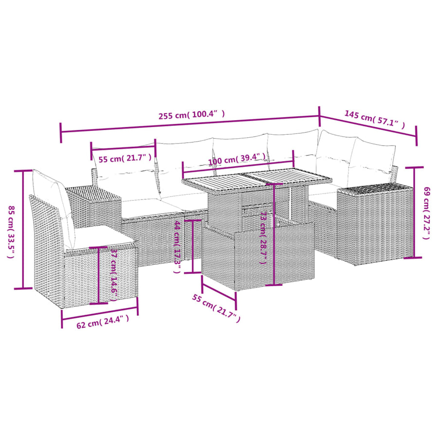 7-delige Loungeset met kussens poly rattan beige