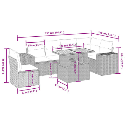 7-delige Loungeset met kussens poly rattan grijs