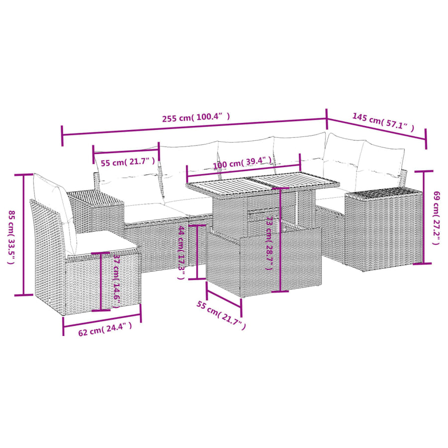7-delige Loungeset met kussens poly rattan grijs