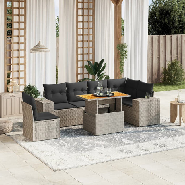 7-delige Loungeset met kussens poly rattan grijs