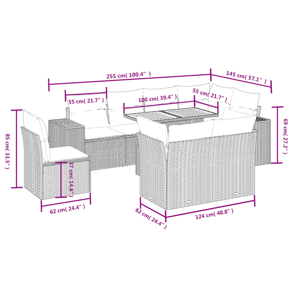 9-delige Loungeset met kussens poly rattan beige