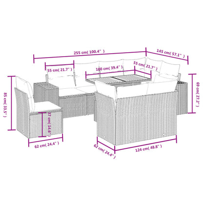 9-delige Loungeset met kussens poly rattan grijs
