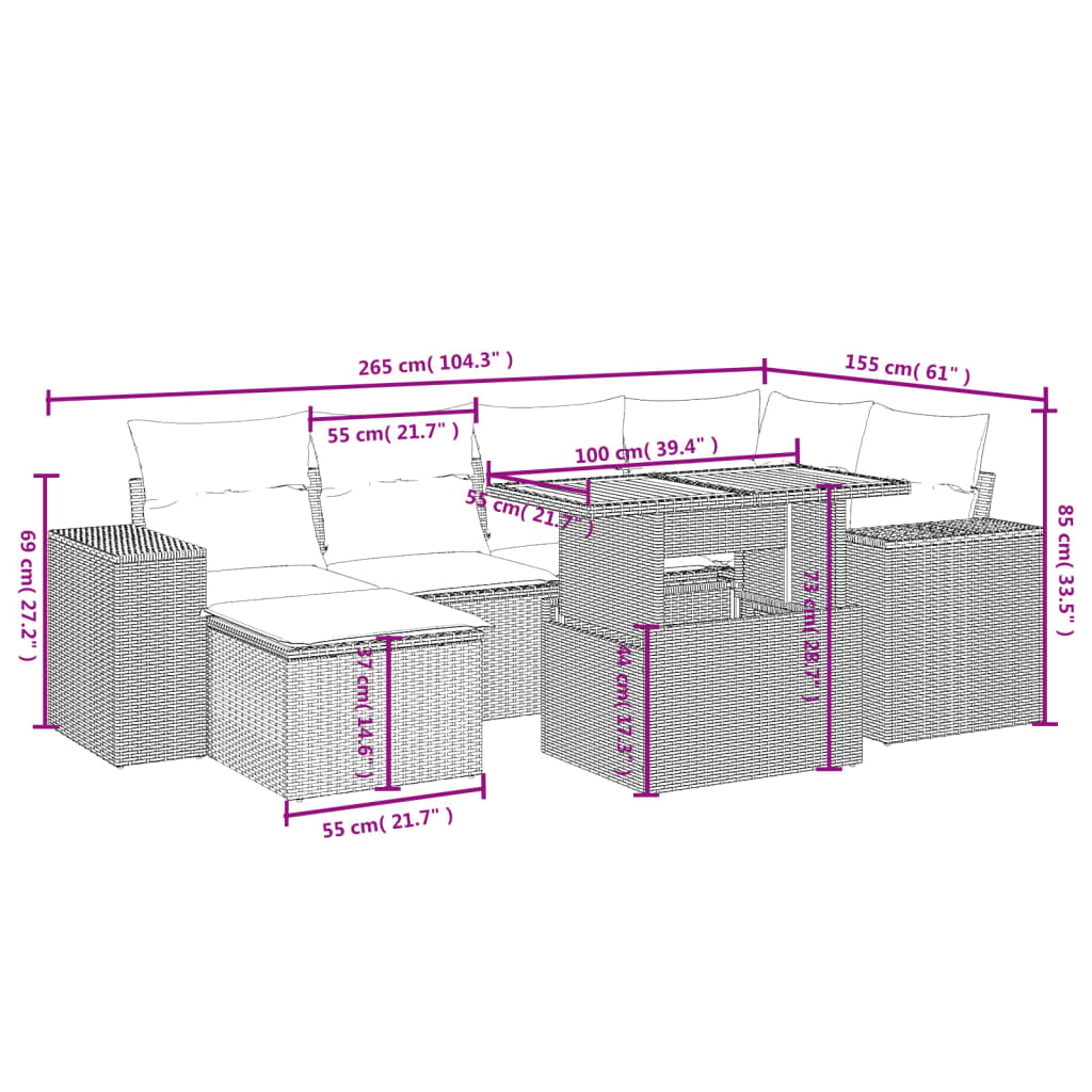 7-Delige Loungeset Met Kussens Poly Rattan Zwart