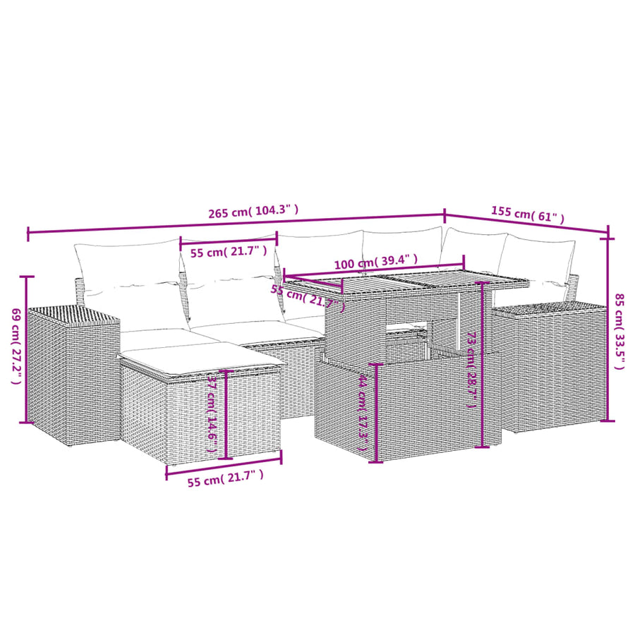 7-Delige Loungeset Met Kussens Poly Rattan Zwart