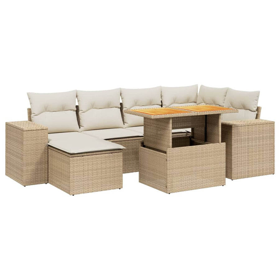 7-delige Loungeset met kussens poly rattan beige