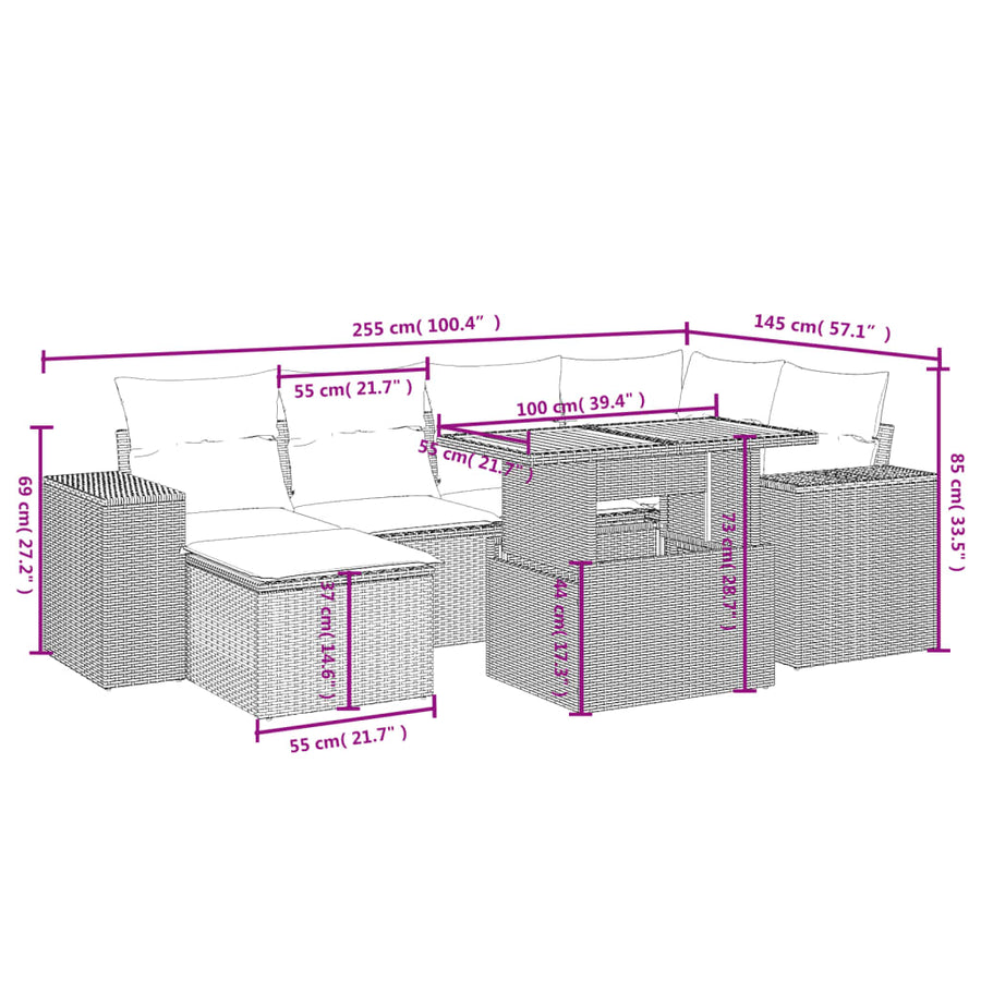 7-delige Loungeset met kussens poly rattan beige