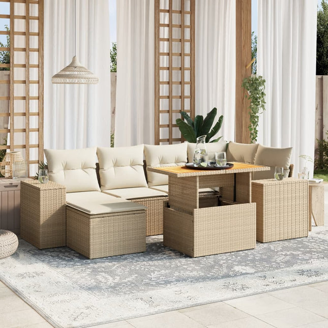 7-delige Loungeset met kussens poly rattan beige