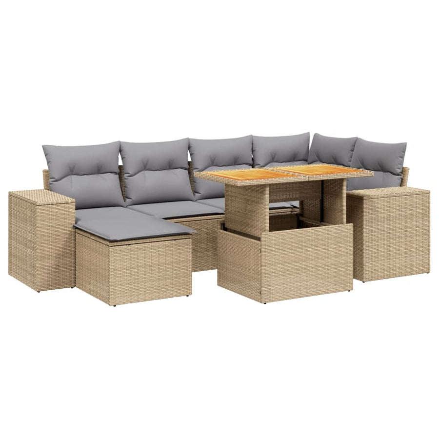 7-delige Loungeset met kussens poly rattan beige