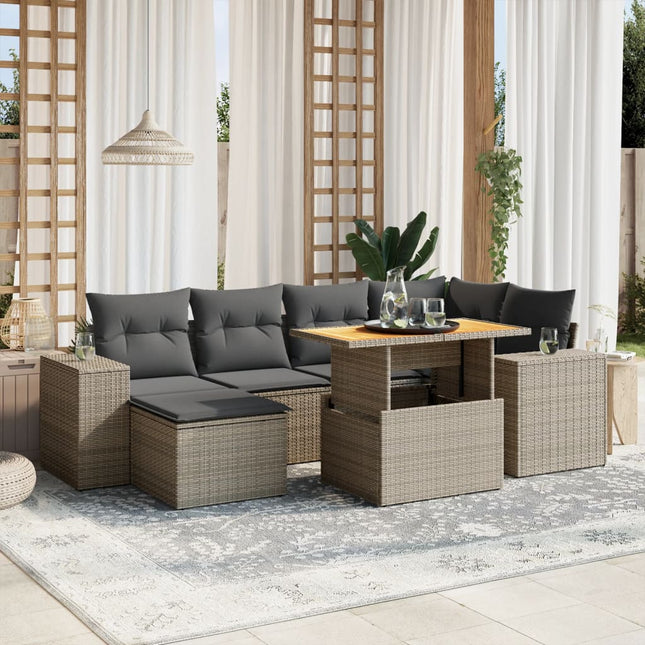 7-delige Loungeset met kussens poly rattan grijs