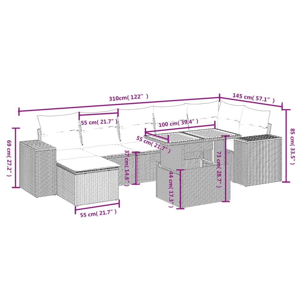 8-delige Loungeset met kussens poly rattan beige