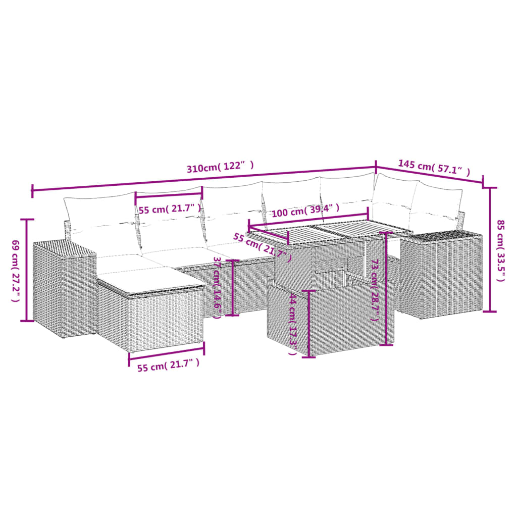 8-delige Loungeset met kussens poly rattan beige