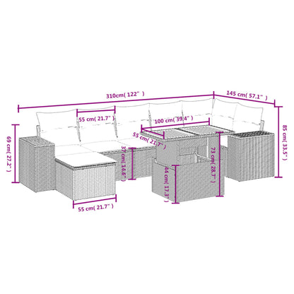 8-delige Loungeset met kussens poly rattan beige